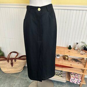 Genny Italian Made Wool Maxi Skirt Full front back split Black gold button 11